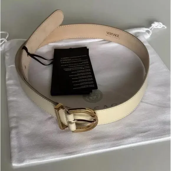 BNWT Versace Light Sand/Gold Calf Leather Belt Size 60/24 Versace Heritage Leather Belt | Neiman Marcus main image 3